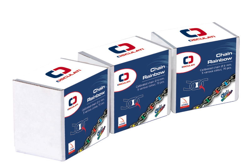Confezione assortita di Chain Rainbow sufficiente per marcare un’intera tesa di catena calibrata. Il kit è composto da 5 colori (bianco, blu, giallo, rosso e verde).