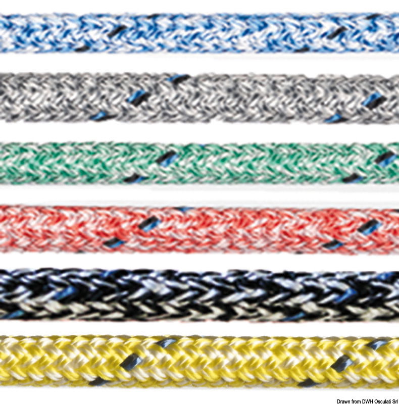 Treccia in poliestere ad alta identificabilità, ideale per: scotte in genere (crociera), avvolgi fiocchi, terzaroli, usi generici. Caratteristiche: molto maneggevole e morbida, facile da impugnare e annodare. Anima: 12 capi in poliestere. Calza esterna: poliestere alta tenacità 24 capi.