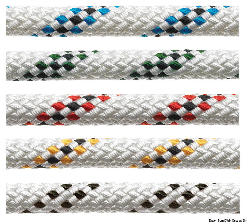 Treccia in poliestereIdeale per: drizze (crociera), vang, carica alto e basso, scotte a basso stiramento.Caratteristiche: buona resistenza all’allungamento; si puo’ impiombare.Anima: 3 capi in poliestere.Calza esterna: 16 capi poliestere alta tenacità.