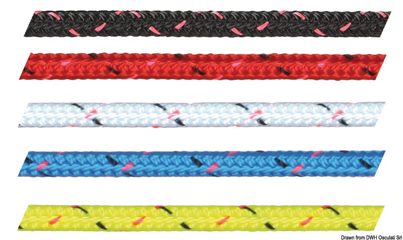 Treccia in poliestere. Ideale per: scotte, carica alto/basso, terzaroli, tutti gli usi dinamici. Caratteristiche: scorrimento veloce, flessibile, colori vivaci. Anima: 3 capi in poliestere. Calza esterna: 16 capi poliestere alta tenacità.