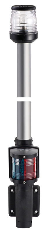 Per scafi < 20 m, con fanale certificato COLREG72. Completa di base in nylon nero o bianca sulla quale si inserisce a scatto l’asta dando il contatto e di cappuccio a tenuta stagna che chiude la base quando l’asta è sfilata. Provvista di un fanale da 360° e fanale di via rosso/verde.