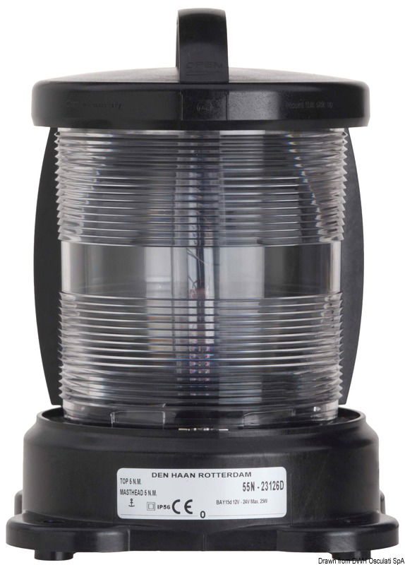 Omologati anche per Marina Mercantile. Realizzati in policarbonato nero e acciaio inox. Completi di speciale lampadina a filamento verticale.