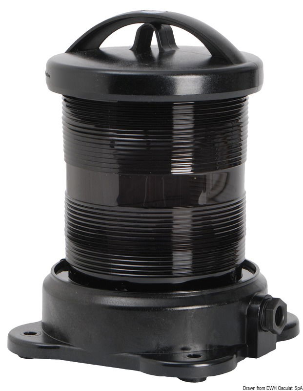 Omologati anche per Marina Mercantile. Realizzati in policarbonato nero e acciaio inox. Completi di speciale lampadina a filamento verticale.