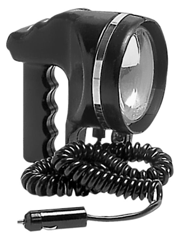 Faro orientabile portatile impermeabile completamente in neoprene nero, con gruppo ottico a luce alogena al quarzo, attacco H3. Completo di cordone estensibile, interruttore stagno e spina terminale.