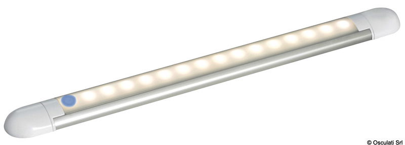 Sorgente luminosa 14 LED SMD-HD alta efficienza. Base in lega leggera con lente in policarbonato opalino. Interruttori tondi con incorporato LED blu/rosso.