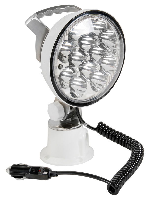 Faro di profondità a LED orientabile con maniglia e snodo ruotabile in acciaio inox lucidate a specchio.Caratteristiche:- completamente orientabile con regolazione in altezza e rotazione a 360°;- basetta in PMA bianco per fissaggio su piano;- dotato di due manopole per la regolazione ed il bloccaggio dello snodo alla basetta;- interruttore ON-OFF a tenuta stagna;- cavo spiralato estendibile fino a 2 m, con spina per presa accendisigari