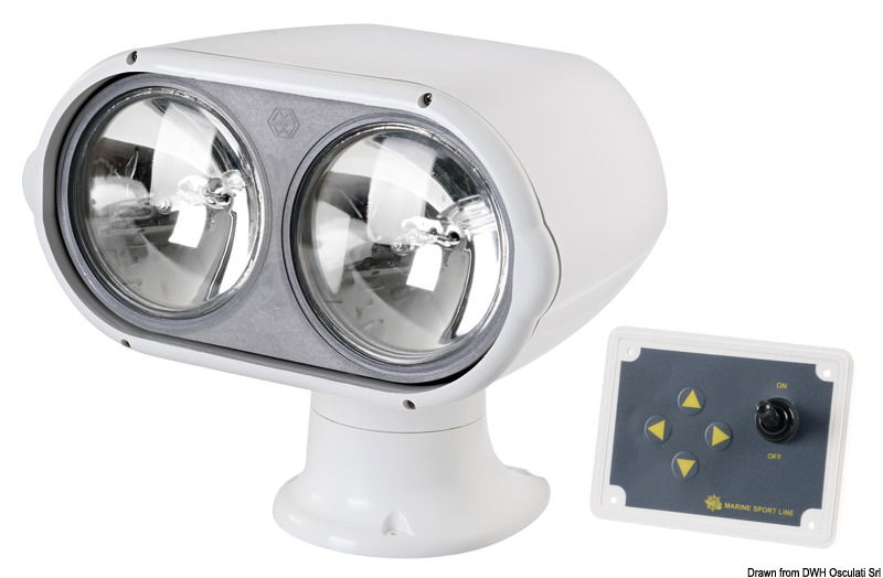 Provvisto di due bulbi stagni “Sealed Beam” Ø 127 mm ciascuno con lampadine alogene, potenza 2 x 55 W. Rotazione 380°, alto e basso 70°.Carcassa in Luran bianco resistente UV. Completo di pannello stagno multi funzioni.Misure: altezza 205 mm, profondità 220 mm, frontale 270x135 mm, base Ø 120 mm.Completo di cavo precablato collegamento tra faro e pannello di 4 m.