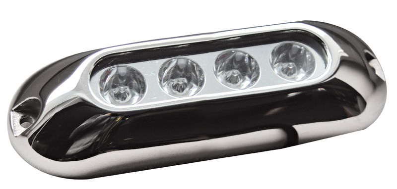 Corpo in acciaio inox AISI 317L lucidato, completo di CREE LED.Può essere installato sia sopra sia sotto l'acqua.