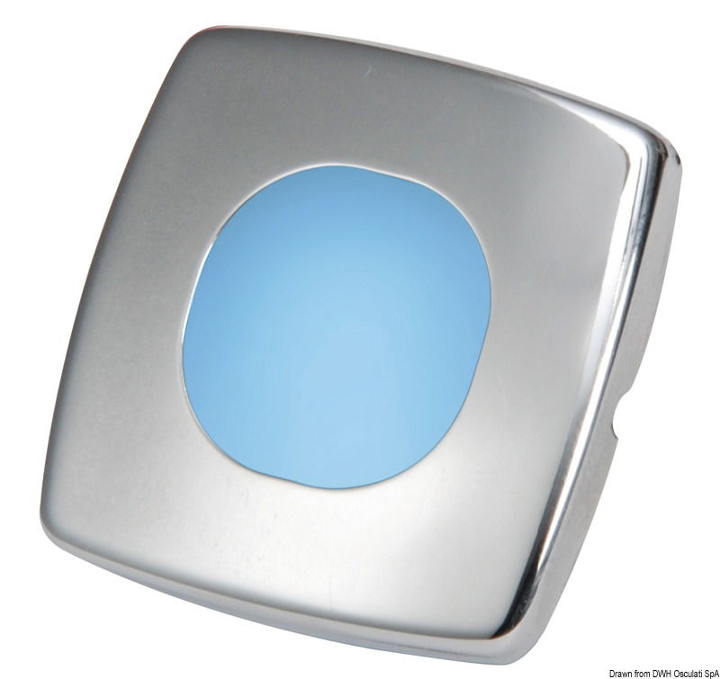 Corpo in policarbonato, frontale in acciaio inox lucidato a specchio. Fissaggio a pressione.