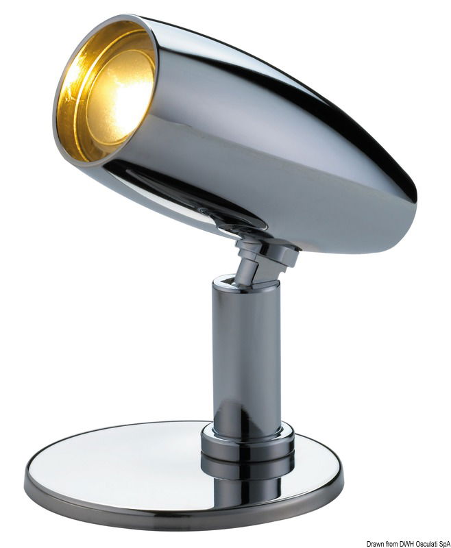 Corpo in acciaio inox lucidato a specchio, testa in alluminio cromato. Interruttore sul retro della testa.