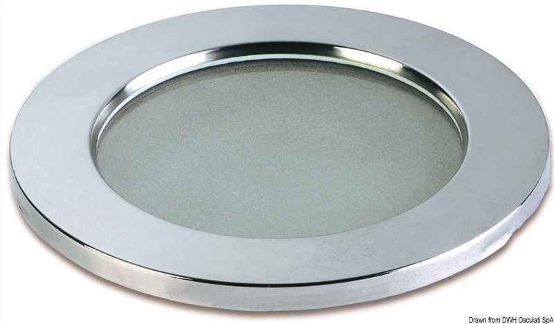 Corpo in tecnopolimero, ghiera in acciaio inox. Lente in vetro temperato e satinato. Parabola interna in alluminio metallizzato. Fissaggio tramite viti nascoste dal frontalino.Lampadina non inclusa.