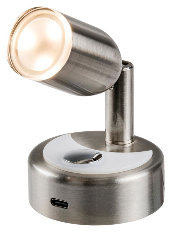 Completo di presa USB-C, 2 A.Interruttore touch ON-OFF con luce blu notturna e dimmer per regolare l'intensità luminosa.Materiale: alluminio con finitura tipo acciaio inox satinato.