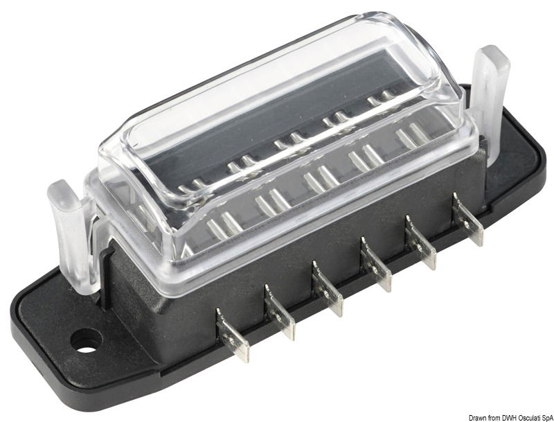 Utilizzabile coi seguenti fusibili: standard, mini e micro]. Con coperchio trasparente e guarnizione a tenuta stagna. Terminali a baionetta.