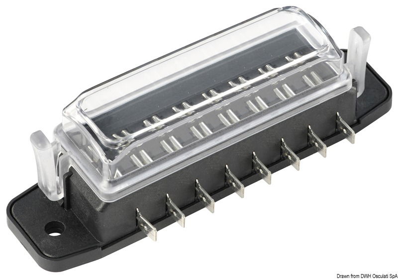 Utilizzabile coi seguenti fusibili: standard, mini e micro]. Con coperchio trasparente e guarnizione a tenuta stagna. Terminali a baionetta.