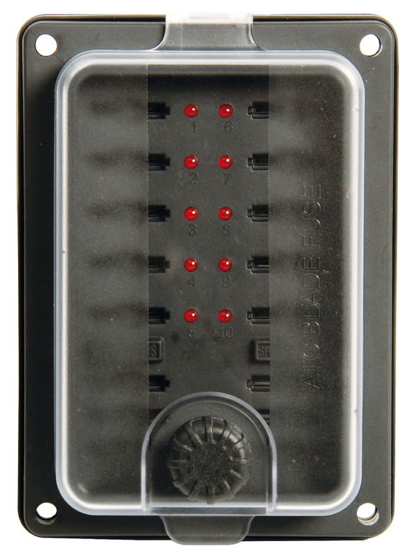 Scatola a semi-incasso con guarnizione in gomma con sedi per 10 fusibili lamellari con uscita posteriore, + 6 sedi fusibili di ricambio, + LED spia per fusibili bruciati.