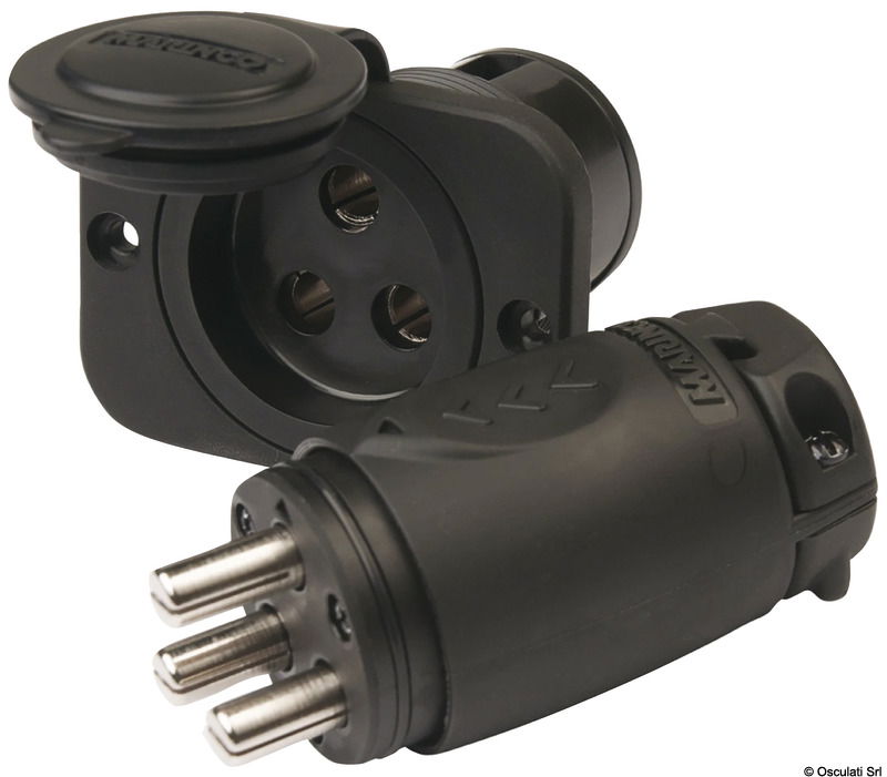 Kit presa e spina per motori elettrici e utenze di bordo con contatti in ottone nichelato, tenuta stagna con cappuccio e accoppiamento “locking” a prova di vibrazioni. Una soluzione plug‑and‑play che copre dal piccolo trolling motor fino ai sistemi più potenti: connessione sicura, impermeabile e a bassa caduta di tensione, pronta per installazioni da 12 a 48 volt.
