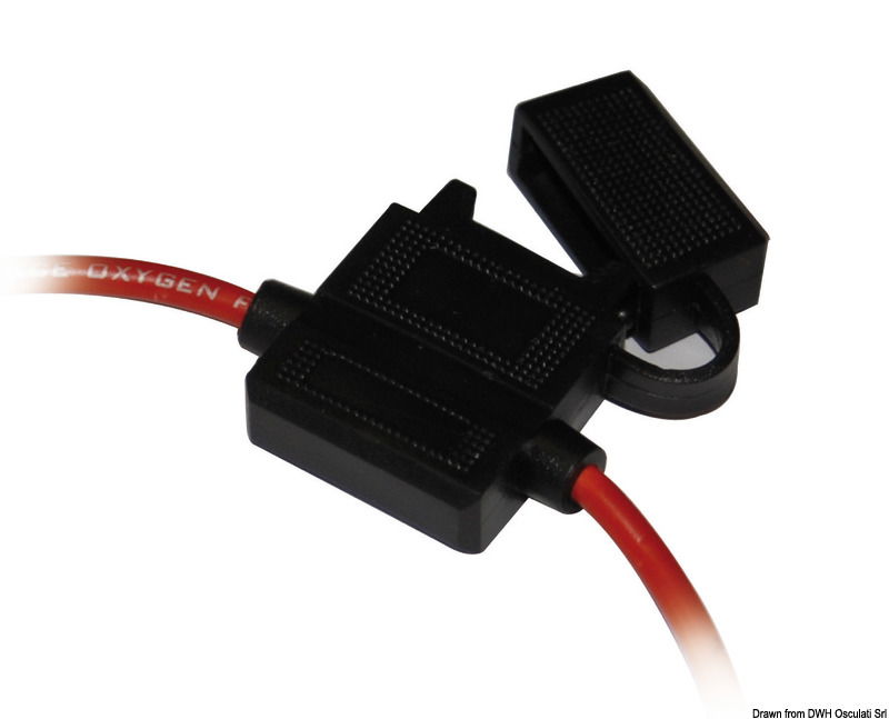 Per fusibili lamellari standard. Completo di due cavetti da 150 mm, sezione 2 mm2. Max 35 A