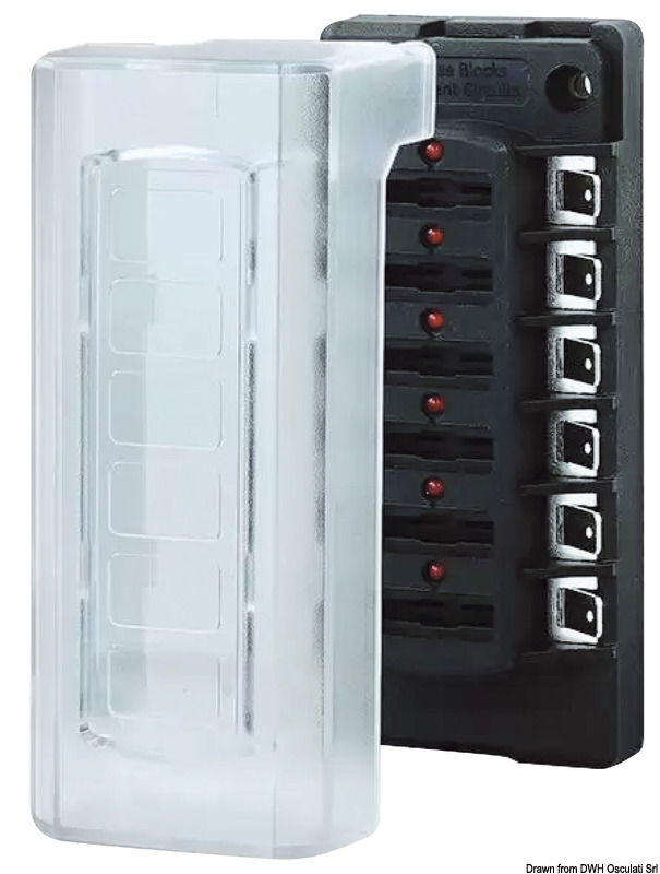 Terminali per alimentazione indipendente. Utilizzabile con qualsiasi fusibile standard (14.004.xx / 14.003.xx) oppure riarmabili alti (14.005.xx).Ruotando il coperchio di 180° si ottiene un profilo basso (per fusibili standard) oppure alto (per fusibili riarmabili).Si possono configurare nella stessa scatola sia circuiti permanenti (allarmi, pompe sentina automatiche, etc) oppure circuiti ON-OFF (luci, GPS, stereo, frigo, etc).Dotata di LED indicatore di fusibile interrotto e 60 etichette per la denominazione dei circuiti. Terminali a vite.