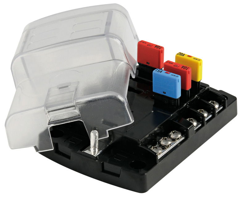 Contatti bronzo fosforoso argentato. Accetta fusibili lamellari standard.Voltaggio ammesso 12/24 V.Massimo amperaggio totale scatola: 100 A.Massimo amperaggio per ogni fusibile: 20 A.2 portafusibili di ricambio sul coperchio.