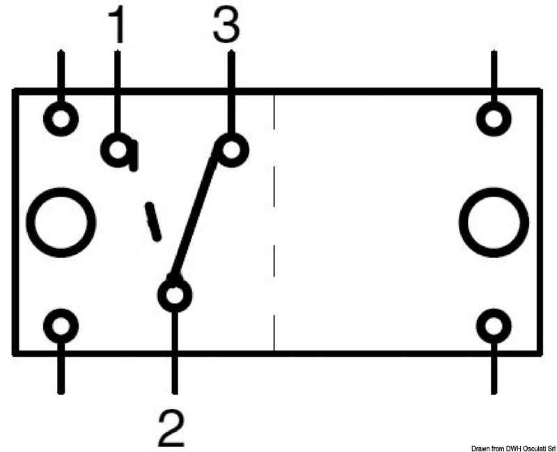 Impermeabili IP56. Richiedono per l’installazione un foro rettangolare da 21,5x36,8 mm. Capacità massima 20 A a 12V e 15 A 24 V. Completi di doppia illuminazione: uno che illumina il simbolo dell’utenza a cui é collegato, sempre acceso (per essere rintracciato al buio), il secondo che illumina una apposita fessura sotto il simbolo che si accende come spia quando si attiva l’utenza, bascula da ordinare a parte.