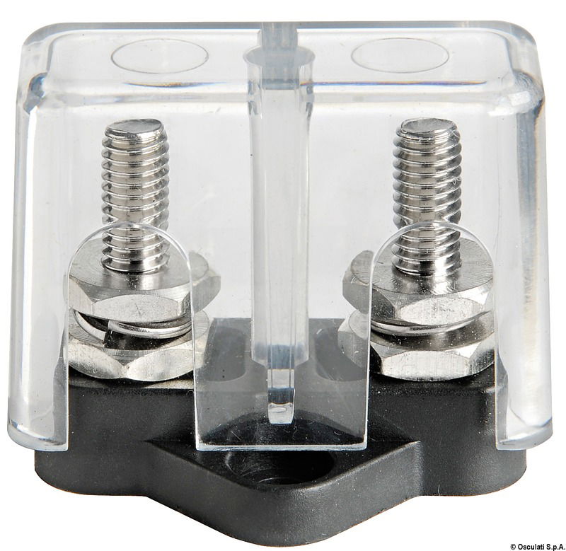 Adatti per alti amperaggi, che sono determinati non dal nodo, ma dal diametro dei cavi elettrici. Base in nylon/fibra vetro. Perno in acciaio inox. Dadi in ottone cromato.