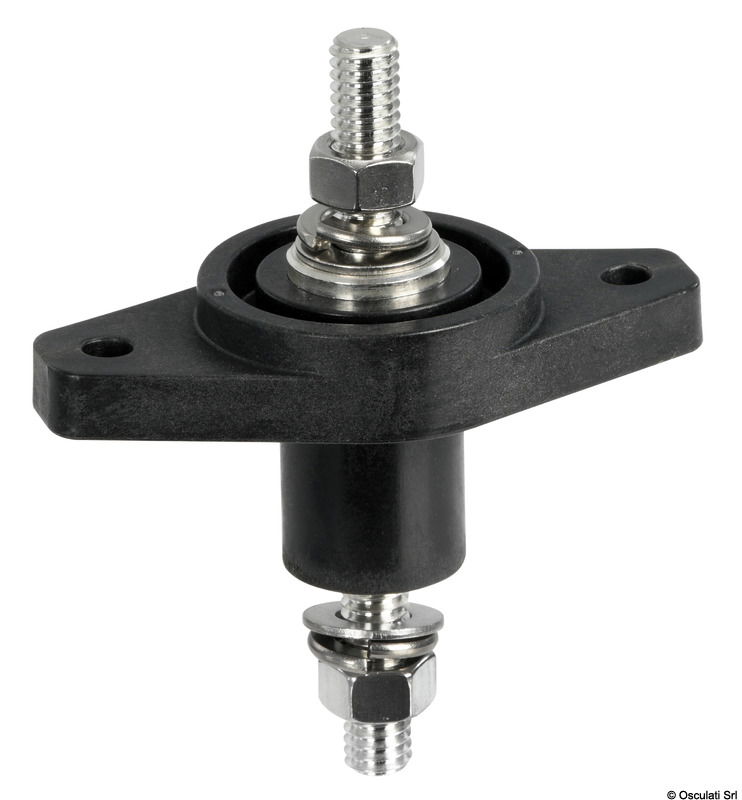Adatto per alti amperaggi. Base in nylon/fibra vetro. Perno e dadi in acciaio inox.