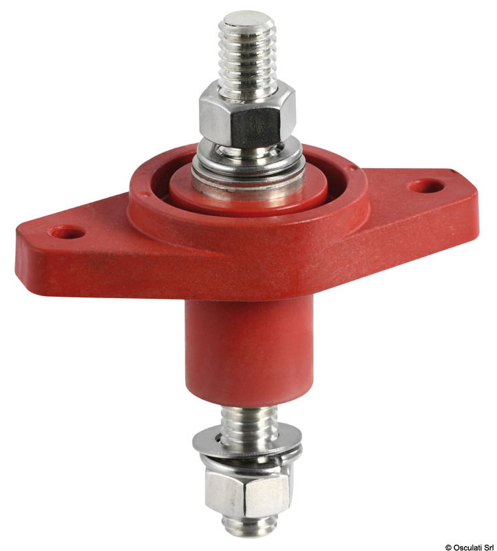 Adatto per alti amperaggi. Base in nylon/fibra vetro. Perno e dadi in acciaio inox.
