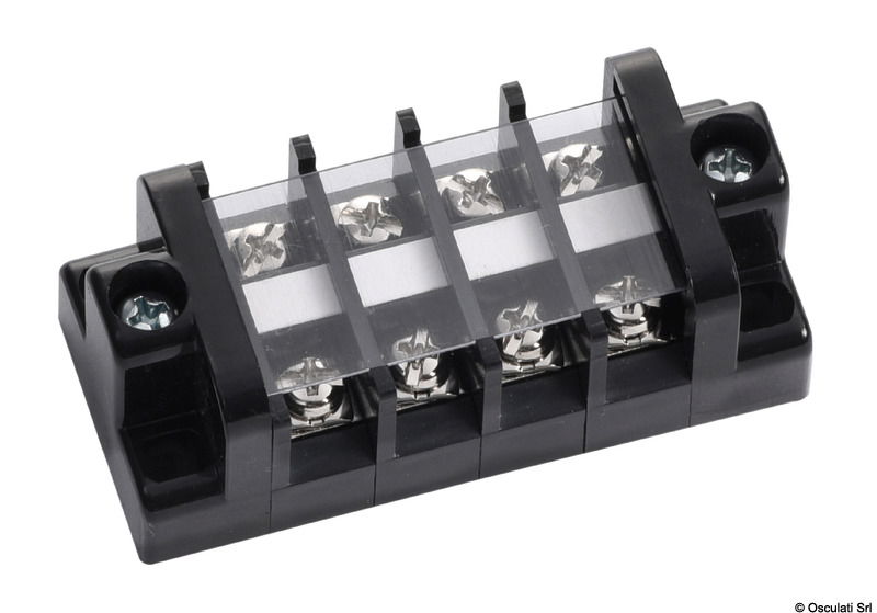 In plastica nera, con fascia trasparente di protezione. Separatori per contatti accidentali. Terminali e viti in ottone nichelato.