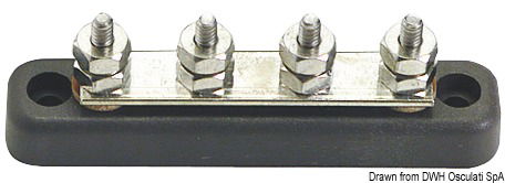 Base plastica ad alta capacità isolante. Barra di supporto in rame nichelato, viti e dadi in acciaio inox. volt 12/48.