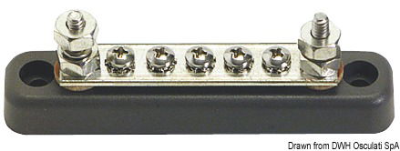 Base plastica ad alta capacità isolante. Barra di supporto in rame nichelato, viti e dadi in acciaio inox. volt 12/48.