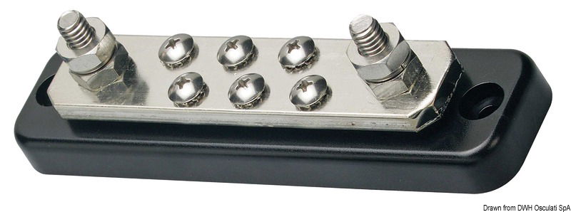 Base plastica ad alta capacità isolante. Barra di supporto in rame nichelato, viti e dadi in acciaio inox. volt 12/48.