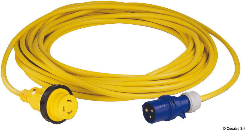 Cavi per presa banchina con connettori di sicurezza IEC 60309 lato pontile e spinotto NEMA illuminato lato barca. Forniti con tappo stagno di chiusura e LED indicatore di tensione. Dotati di tobusta guaina in poliuretano anti‑usura, colore giallo alta visibilità e giunzioni sovrastampate per tenuta d’acqua e resistenza agli UV.