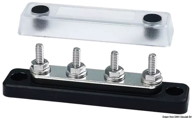 Completi di cover trasparente. Basi in tecnopolimero e barre in rame stagnato.Viteria in acciaio inox. Fissaggio dei cavi direttamente sulla barra, senza dadi interposti.Rotazione cavi di potenza in ogni direzione. Voltaggio fino a 48 V.