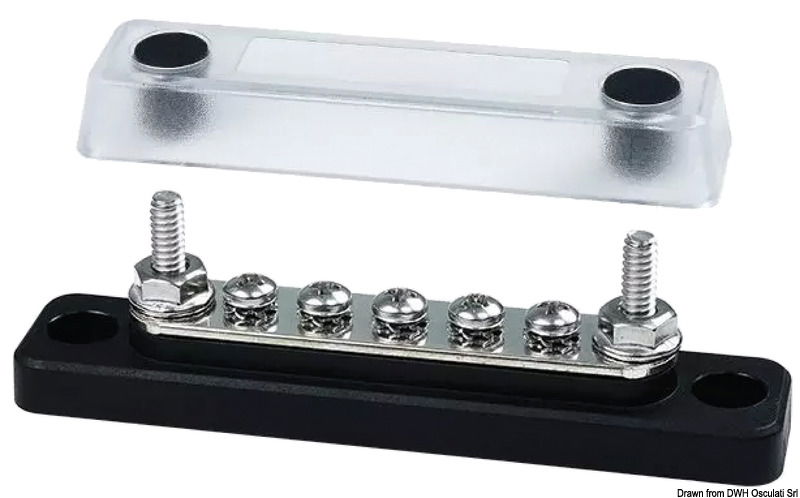 Completi di cover trasparente. Basi in tecnopolimero e barre in rame stagnato.Viteria in acciaio inox. Fissaggio dei cavi direttamente sulla barra, senza dadi interposti.Rotazione cavi di potenza in ogni direzione. Voltaggio fino a 48 V.