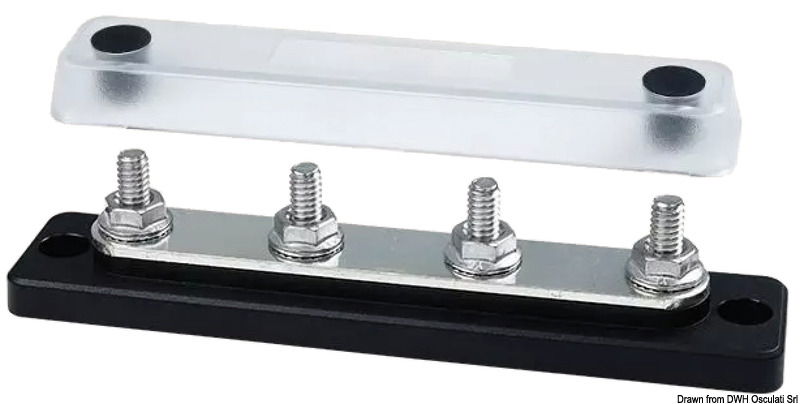 Completi di cover trasparente. Basi in tecnopolimero e barre in rame stagnato.Viteria in acciaio inox. Fissaggio dei cavi direttamente sulla barra, senza dadi interposti.Rotazione cavi di potenza in ogni direzione. Voltaggio fino a 48 V.