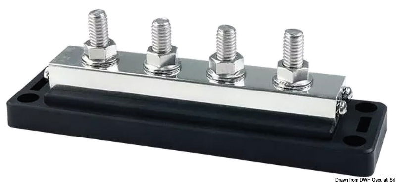 Completi di cover trasparente. Basi in tecnopolimero e barre in rame stagnato.Viteria in acciaio inox. Fissaggio dei cavi direttamente sulla barra, senza dadi interposti.Rotazione cavi di potenza in ogni direzione. Voltaggio fino a 48 V.