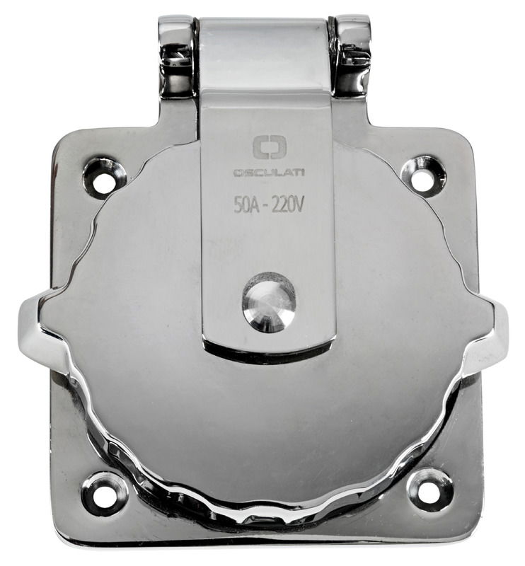 Presa con corpo in Luran resistente UV, copertura posteriore protezione cavi, contatti in ottone argentato.Voltaggio 220/110. Amperaggio max 30 A.