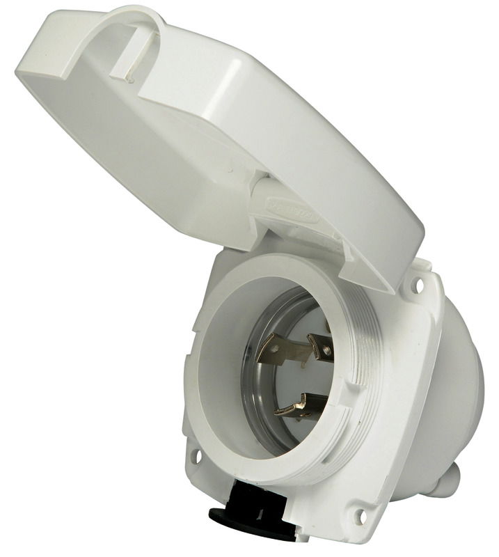 Presa con corpo in Luran resistente UV, copertura posteriore protezione cavi, contatti in ottone argentato. Spina in policarbonato + Moplen con sistema blocca cavo e contatti in ottoneargentato. Voltaggio 220/110. Amperaggio max 30A.