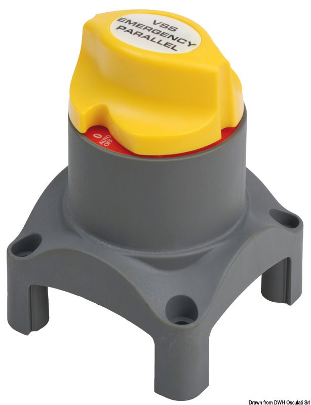 Questo switch sente il livello di carica di due batterie (o banchi batteria) e provvede ad un ottima gestione della carica del secondo banco.Lo switch permette a due banchi normalmente isolati di essere messi in connessione nel momento in cui sente una fonte di ricarica (alternatore motore o caricabatterie).Nel momento in cui una fonte di ricarica è attiva lo switch lascia prima caricare la batteria del banco principale (batteria motore), quando questa è ad un voltaggio di 13,2 V lo switch apre il circuito e permette la ricarica della seconda batteria (batteria servizi).Lo switch funge anche da parallelo di emergenza. Il parallelo può essere attivato manualmente tramite il pomello o tramite interruttore (on)/off sul cruscotto.Montaggio ad incasso o esterno.