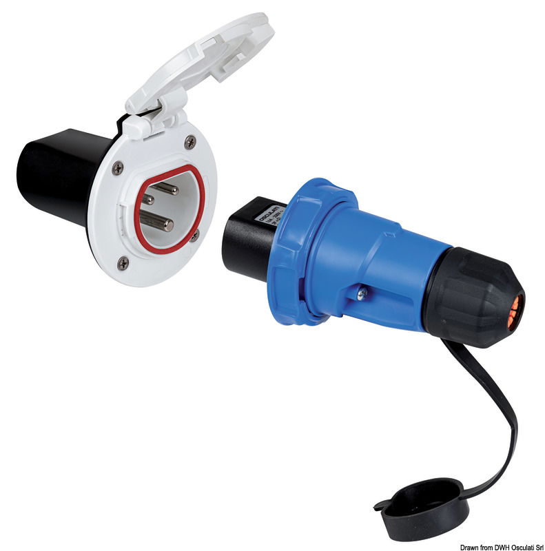 Presa e spina nautica per cavo elettrico banchina da 16A - 230V.Realizzati in PA6, dotata di contatti ad alta resa energetica e tappo di chiusura IP67.La spina è disegnata per garantire una impugnatura ergonomica e la ghiera rotante permette di assicurarla saldamente alla presa in barca con una chiusura stagna IP67, mentre il tappo in gomma garantisce una tenuta IP44 quando non è collegata.Il design pulito e le ridotte dimensioni permettono di poter installare comodamente la presa in qualsiasi punto del pozzetto.Conforme agli standard europei di sicurezza IEC 60309-5.