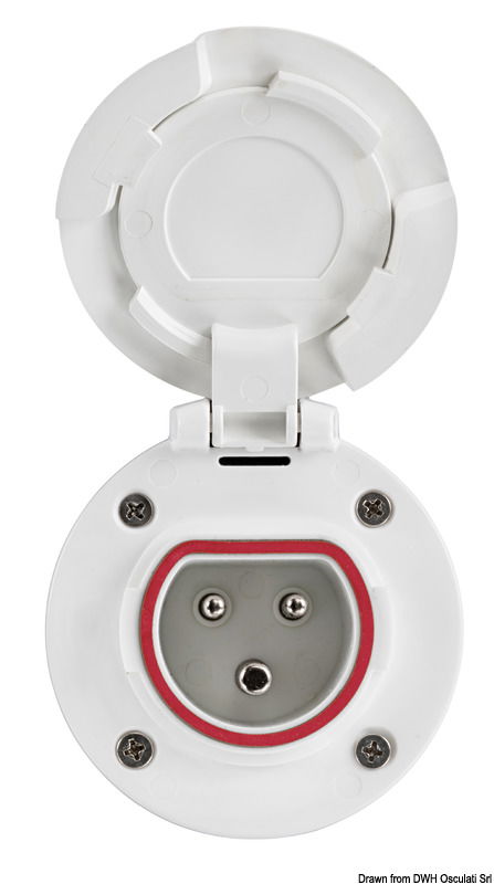 Presa e spina nautica per cavo elettrico banchina da 16A - 230V.Realizzati in PA6, dotata di contatti ad alta resa energetica e tappo di chiusura IP67.La spina è disegnata per garantire una impugnatura ergonomica e la ghiera rotante permette di assicurarla saldamente alla presa in barca con una chiusura stagna IP67, mentre il tappo in gomma garantisce una tenuta IP44 quando non è collegata.Il design pulito e le ridotte dimensioni permettono di poter installare comodamente la presa in qualsiasi punto del pozzetto.Conforme agli standard europei di sicurezza IEC 60309-5.