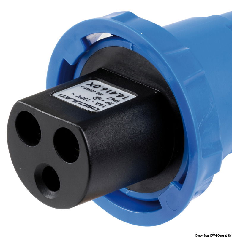 Presa e spina nautica per cavo elettrico banchina da 16A - 230V.Realizzati in PA6, dotata di contatti ad alta resa energetica e tappo di chiusura IP67.La spina è disegnata per garantire una impugnatura ergonomica e la ghiera rotante permette di assicurarla saldamente alla presa in barca con una chiusura stagna IP67, mentre il tappo in gomma garantisce una tenuta IP44 quando non è collegata.Il design pulito e le ridotte dimensioni permettono di poter installare comodamente la presa in qualsiasi punto del pozzetto.Conforme agli standard europei di sicurezza IEC 60309-5.