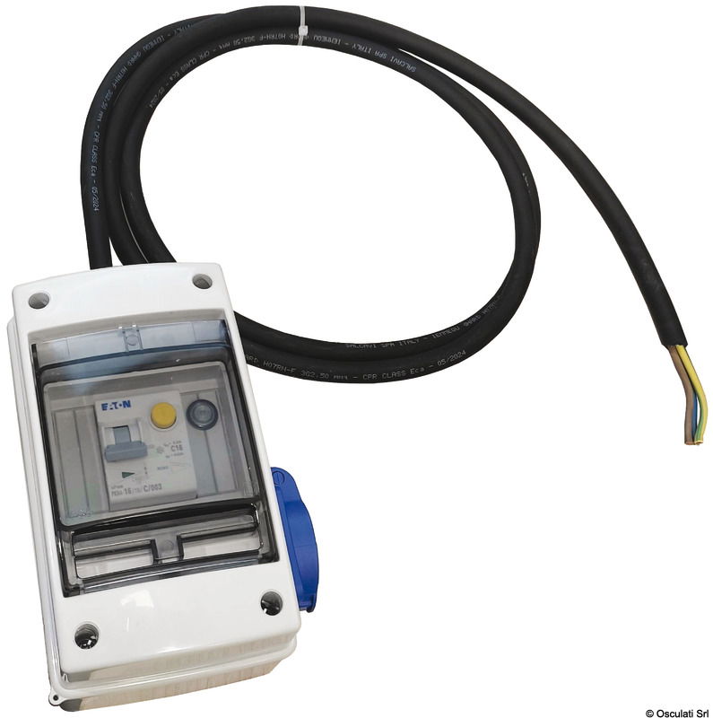 Quadro per distribuzione elettrica portata 16 A – 230 V.Box in ABS bianco compatto con sportello impermeabile IP65, dotato di salvavita, magnetotermico e cavo 3G di lunghezza 3 metri.Sul lato è predisposta una presa shuko con tappo.Facilmente installabile in ogni posizione sottocoperta.