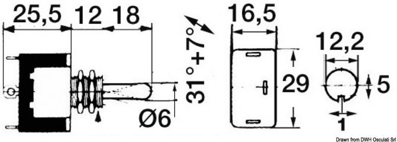 Carcassa in termoindurente resistente ad alta tensione, contatti in argento, leva di manovra e bussola in ottone nichelato. Capacità 15 A. Modello robustissimo e funzionale. Terminali “Faston”, perno 12x10 mm. Collegabili a due circuiti separati.