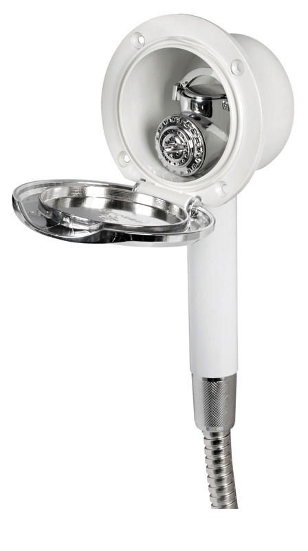 Doccia in ottone cromato, vano di alloggiamento bianco in ASA UV resistente.