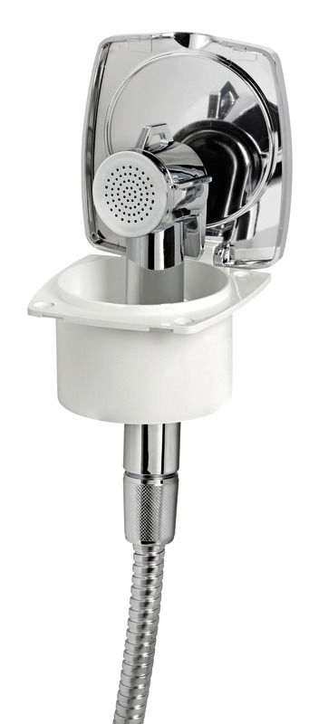 Doccia in ABS cromato, vano di allaggiamento bianco in ASA UV resistente.