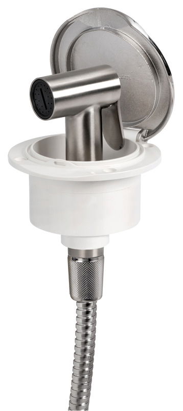 Doccia in acciaio inox, vano di alloggiamento bianco in ASA UV resistente.