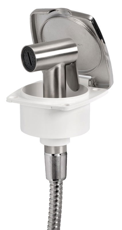 Doccia in acciaio inox, vano di alloggiamento bianco in ASA UV resistente.