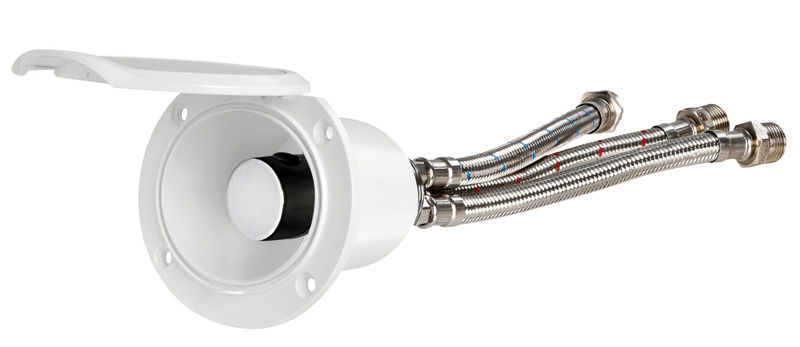 Rubinetto in ottone cromato con miscelatore in ceramica. Box in ASA con inserto in acciaio inox AISI 316.