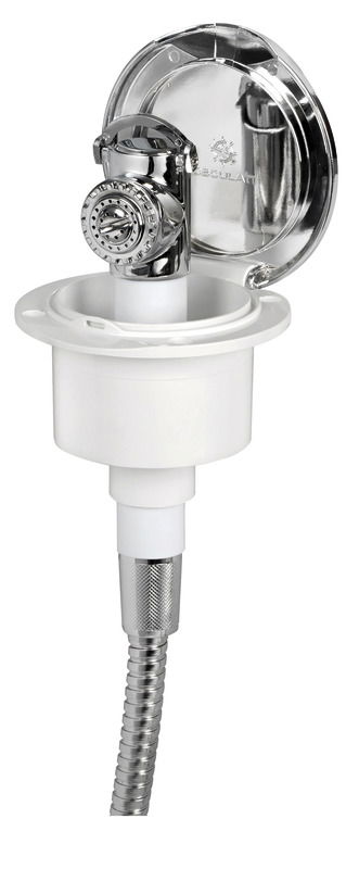 Doccia in ottone cromato, vano di alloggiamento bianco in ASA UV resistente.